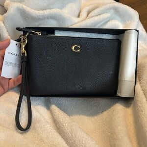Coach Black Pebbled Leather Wristlet with Gold 'C'